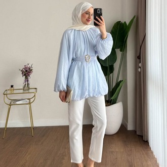 Balon Kol Bubble Kemerli Tunik - Mavi