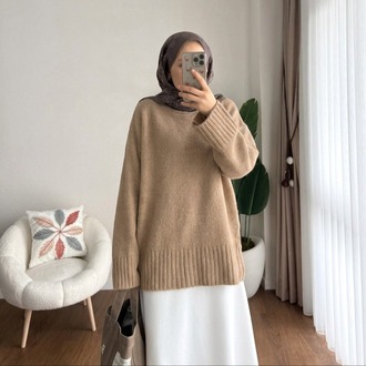 Oversize Bisiklet Yaka Tesettür Kazak - Camel