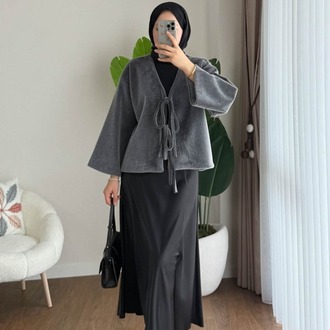 Etek Üstü Önden Bağlamalı Fox Kimono - Gri