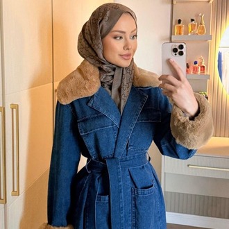 Kol Yaka Kürk Detaylı Tesettür Kot Ceket - Kot/Taba