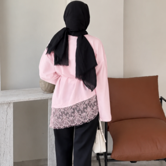 Dantel Detaylı Bel Bağlamalı Penye Sweat - Pembe