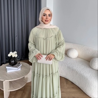 Fırfırlı Kat Kat Bağcık Detaylı Şifon Elbise - Yeşil