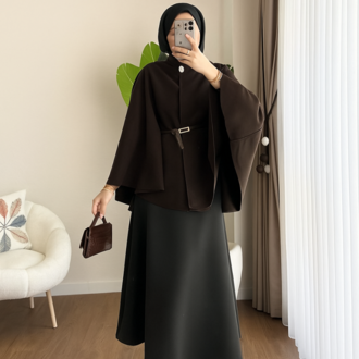 Oversize Kemerli Kaşe Panço - Kahverengi