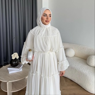 Fırfırlı Kat Kat Bağcık Detaylı Şifon Elbise - Ekru