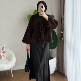 Etek Üstü Önden Bağlamalı Fox Kimono - Kahverengi