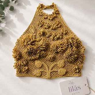 Gold Çiçek İşlemeli El Yapımı Crochet Crop Top