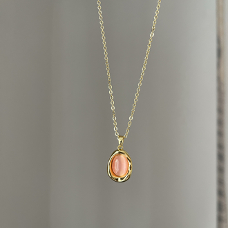 Pembe Oval Taşlı Kolye | Gold