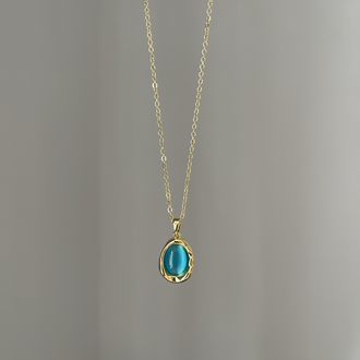Mavi Oval Taşlı Kolye | Gold