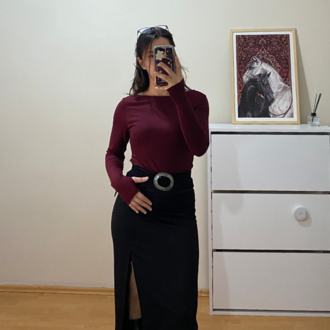 Bordo Kayık Yaka %95 Pamuk Bluz (Oysho Kumaş)