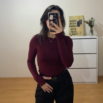 Bordo Bisiklet Yaka %95 Pamuk Bluz (Oysho Kumaş)