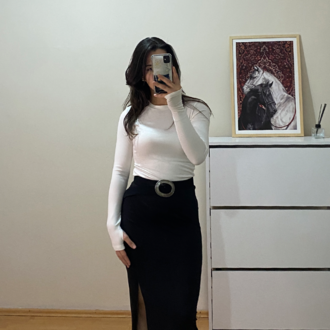 Beyaz Bisiklet Yaka %95 Pamuk Bluz (Oysho Kumaş)
