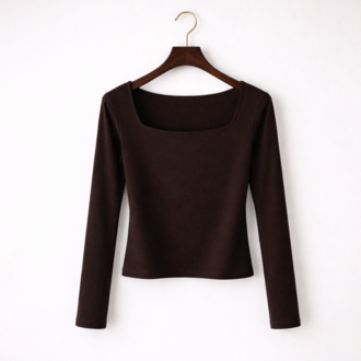 Kahverengi Kare Yaka %95 Pamuk Bluz (Oysho Kumaş)