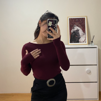 Bordo Kayık Yaka %95 Pamuk Bluz (Oysho Kumaş)