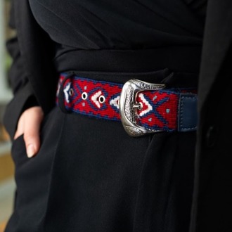 Göz-Taç Motifli El Dokuması Kilim Kemer – Bordo & Lacivert (85 cm)