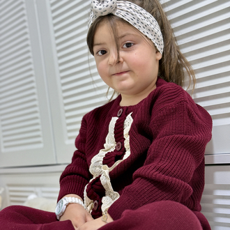 Kız Çocuk Bordo Güpür Detaylı Takım