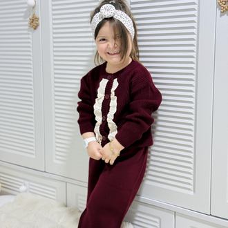 Kız Çocuk Bordo Güpür Detaylı Takım