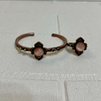 Toz Pembe Kedi Gözü Doğal Taşlı Bakır Bileklik ve Yüzük 