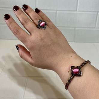 Pembe Kedi Gözü Doğal Taşlı Bakır Bileklik ve Yüzük