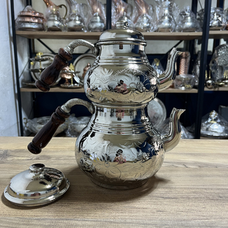 Gümüş Rengi Nakışlı Bakır Çaydanlık No:3