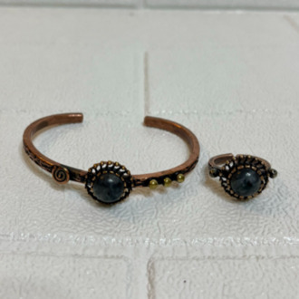 Gri Jasper Doğal Taşlı Bakır Bileklik ve Yüzük