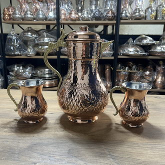 Lale Motifli Kapaklı Bakır Sürahi ve Bardak