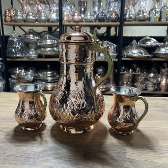Lale Motifli Kapaklı Bakır Sürahi ve Bardak