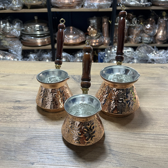 Kabartma Nakışlı Bakır Cezve Seti