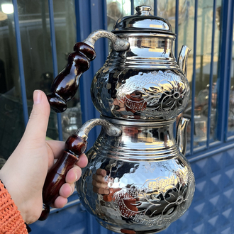 Ortası Nakışlı Nikelli Dövme Bakır Çaydanlık No:3