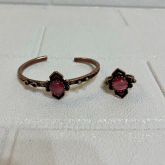 Pembe Kedi Gözü Doğal Taşlı Bakır Bileklik ve Yüzük