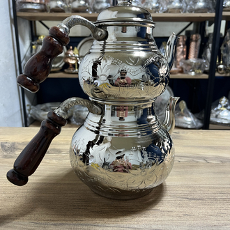 Gümüş Rengi Nakışlı Bakır Çaydanlık No:3
