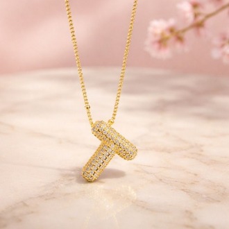 Zirkon Taşlı T Harf Kolye | Gold Çelik Minimal Harf Kolye