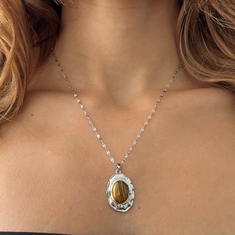 Silver Çelik Vintage Kahve Taş Kolye