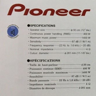 Pioneer TS-A30S4 1400 Watt 400 Rms 30 Cm Tek Bobin Subwoofer