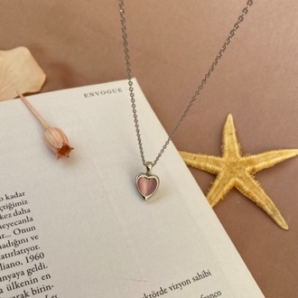 silver pink heart kolye | çelik