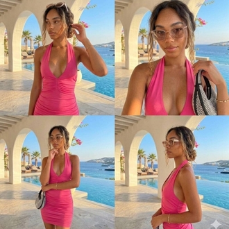 Halter Yaka Büzgülü Mini Elbise