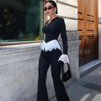 Elegant Dantelli Siyah İspanyol Pantolon Takım