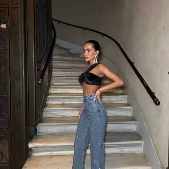 Likralı model tasarım taşlı palazzo jean