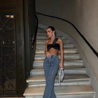 Likralı model tasarım taşlı palazzo jean