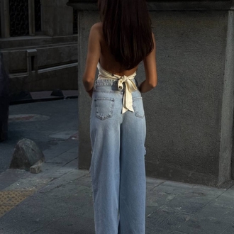 Zincir Deşireli Açık Mavi Geniş Paça Kot Pantolon