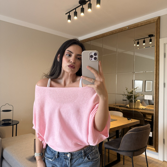 Kendinden Atletli Kayık Yaka Triko Bluz-Pembe