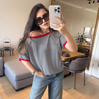 Çizgili, Kayık Yaka Basic Bluz/Tişört