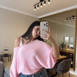 Kendinden Atletli Kayık Yaka Triko Bluz-Pembe