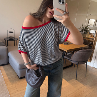 Çizgili, Kayık Yaka Basic Bluz/Tişört