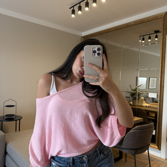 Kendinden Atletli Kayık Yaka Triko Bluz-Pembe