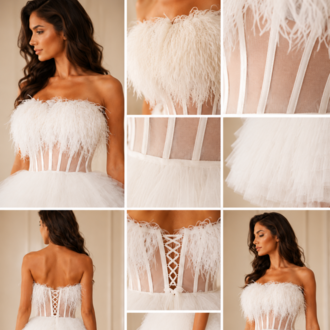 White Swan Ivory – Tüylü Couture Mini Elbise
