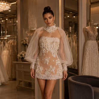 Celeste Royale – Yüksek Yakalı Couture Mini Elbise