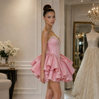 Rosalie Blush – İnci İşlemeli Couture Mini Elbise