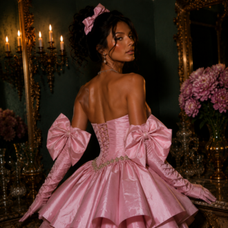 Barok Prenses – Tafta Pembe Couture Mini Elbise