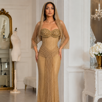 Nefertari Gold – Taş İşlemeli Couture Elbise