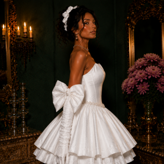 Barok Prenses – Tafta Beyaz Couture Mini Elbise